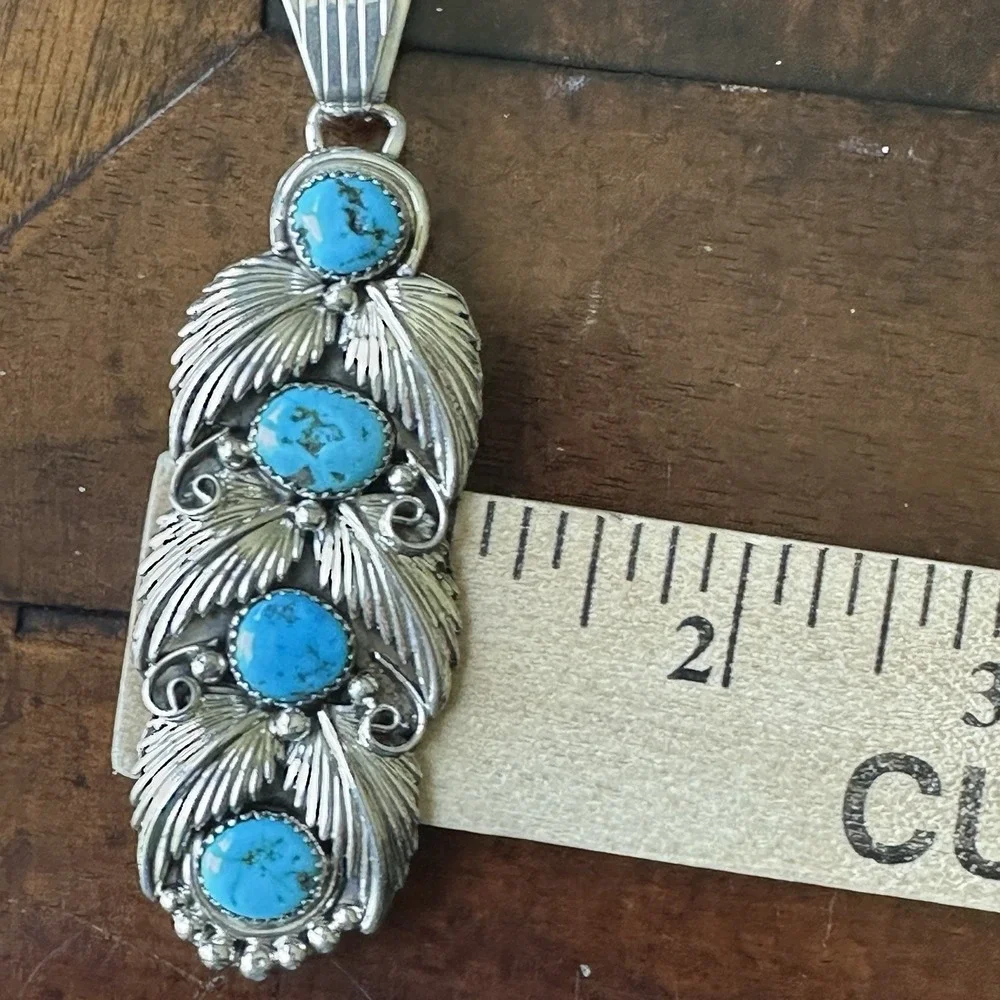 Vintage Running Bear RB Navajo Pendant 3.5 Inch Turquoise 925 Sterling 19.6g NOS